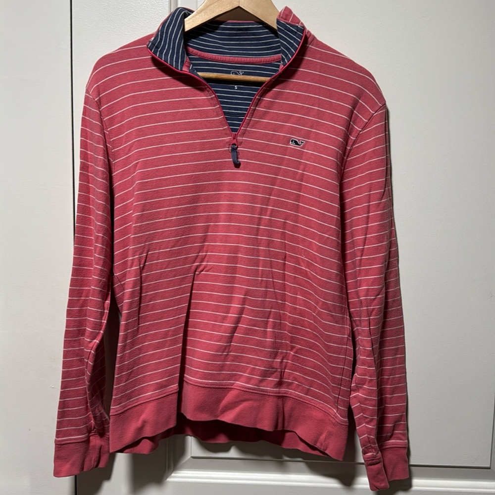 Vineyard Vines coral and white striped cotton quarter zip size small